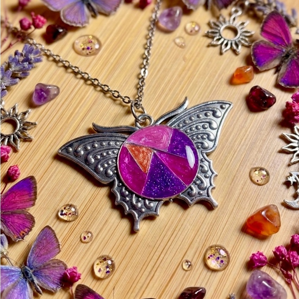 Stained Glass Style Pink & Purple Butterfly Necklace